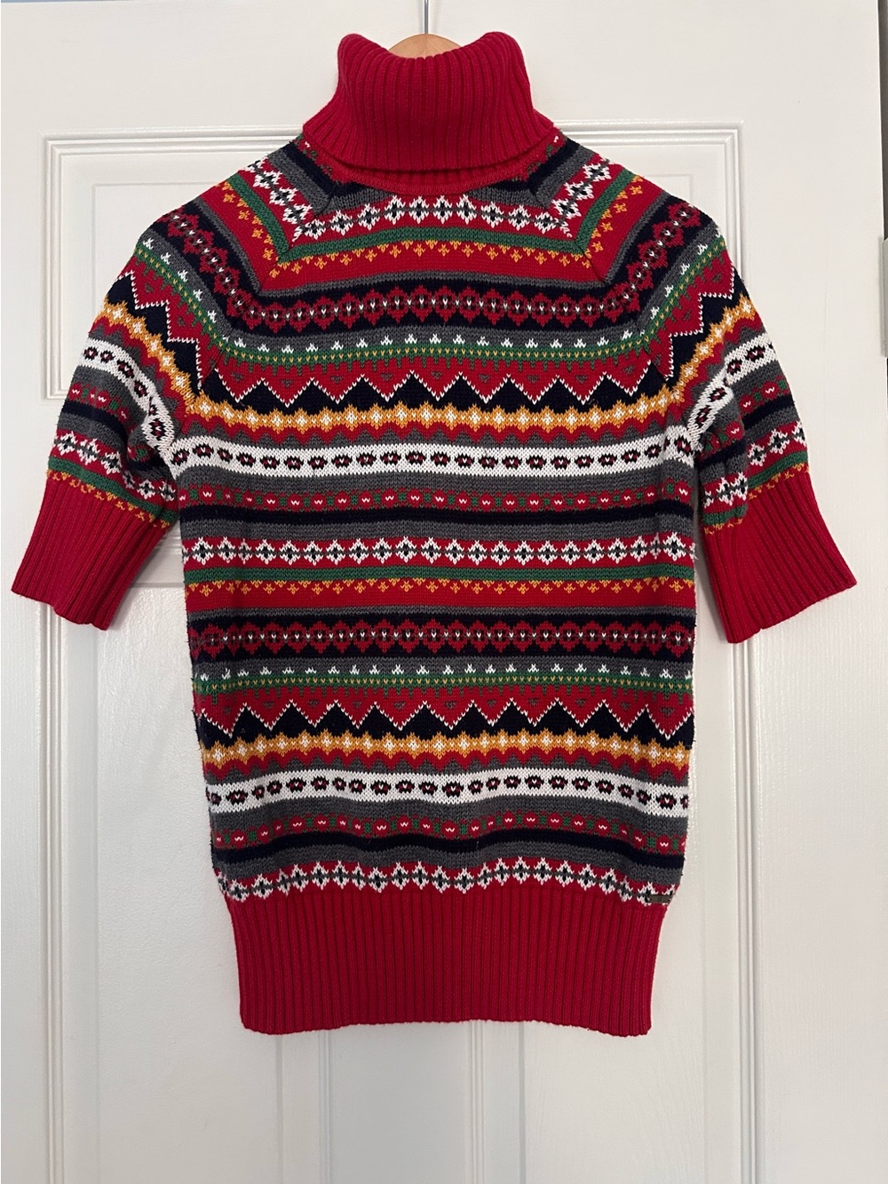 Tommy Hilfiger Red Fair Isle Short Sleeve Cotton Turtleneck Sweater Women Size M